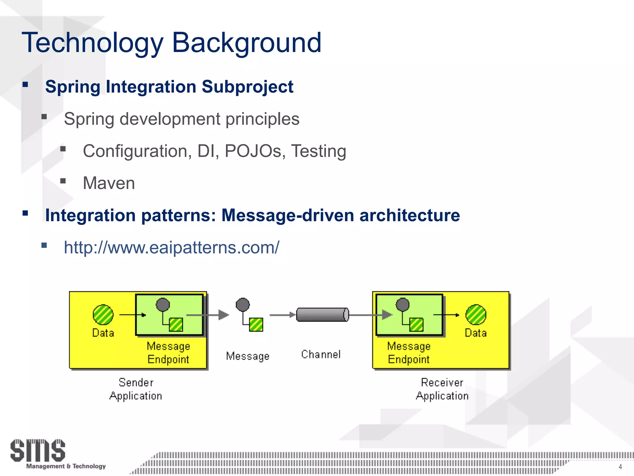 Technology Background
 Spring Integration Subproject
 Spring development principles
 Configuration, DI, POJOs, Testing
 Maven
 Integration patterns: Message-driven architecture
 http://www.eaipatterns.com/
4
 