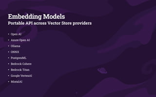 Embedding Models
Portable API across Vector Store providers
• Open AI
• Azure Open AI
• Ollama
• ONNX
• PostgresML
• Bedrock Cohere
• Bedrock Titan
• Google VertexAI
• MistalAI
 