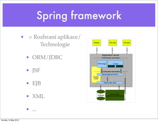 Spring framework
                     • > Rozhraní aplikace/
                           Technologie

                      • ORM/JDBC

                      • JSF

                      • EJB

                      • XML

                      • ...
Sunday 13 May 2012
 