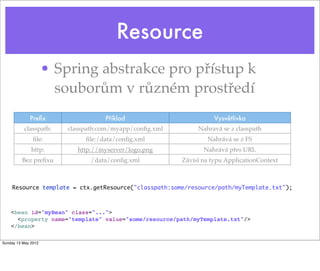 Resource
• Spring abstrakce pro přístup k
souborům v různém prostředí
Preﬁx Příklad Vysvětlivka
classpath: classpath:com/myapp/conﬁg.xml Nahravá se z classpath
ﬁle: ﬁle:/data/conﬁg.xml Nahrává se z FS
http: http://myserver/logo.png Nahrává přes URL
Bez preﬁxu /data/conﬁg.xml Závisí na typu ApplicationContext
Resource template = ctx.getResource("classpath:some/resource/path/myTemplate.txt");
<bean id="myBean" class="...">
<property name="template" value="some/resource/path/myTemplate.txt"/>
</bean>
Tuesday 28 May 13
 