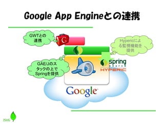 Google App Engineとの連携
GAE/Jのス
タックの上で
Springを提供
GWTとの
連携 Hypericによ
る監視機能を
提供
 