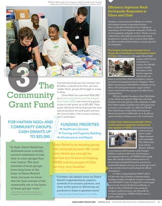 Direct Relief staff sort emergency medical supplies with Hospital
                                                               Sacre-Cour CDTI Pharmacist Vincent Nivenson Jr. (center, front).
                                                                                                                                                               Efficiency, Ingenuity Mark
                                                                                                                                                               Earthquake Responses in
                                                                                                                                                               China and Chile
                                                                                                                                                               Emergency response presents challenges in countries
                                                                                                                                                               with stringent customs or importation policies.
                                                                                                                                                               Most recently, Direct Relief faced these challenges in
                                                                                                                                                               responding to the 8.8-magnitude earthquake in Chile and
                                                                                                                                                               the 6.9-magnitude earthquake in China. Thanks to strong
                                                                                                                                                               collaborations with healthcare providers and medical
                                                                                                                                                               manufacturers working in these countries, Direct Relief
                                                                                                                                                               was able to provide needed assistance to people injured in
                                                                                                                                                               the earthquakes.

                                                                                                                                                               The Qinghai earthquake damaged tens of
                                                                                                                                                               thousands of buildings in a mountainous region
                                                                                                                                                               of China. Following news of the quake, Direct Relief
                                                                                                                                                                                                     program staff contacted
                                                                                                                                                                                                     our partners in-
                                                                                                                                                                                                     country: One HEART




                                                                                                                                    COURTESY OF ALERTNET.ORG
                                                                                                                                                                                                     and the Amitabha




                                                                                                                                    REUTERS/ALFRED JIN,
ALISON WRIGHT




                                                                                                                                                                                                     Foundation, which
                                                                                                                                                                                                     we have supported
                                                                                                                                                                                                     with aid and cash
                                                                                                                                                               grants, as well as Mercy Relief, an emergency response


			                    The
                                                                                                                                                               and medical aid organization based in Singapore. Direct
                                                                       International aid groups have received over
                                                                                                                                                               Relief committed up to $100,000 for earthquake recovery
                                                                       $2 billion in donations for Haiti, yet many
                                                                                                                                                               efforts, with initial grants issued to support medical
                                                                       smaller Hatian groups still struggle to access
                                                                                                                                                               mission trips by these three groups to the affected area,


                Community
                                                                       funding.                                                                                including Yushu.
                                                                       	    Direct Relief has committed $500,000                                               	     With the Amitabha Foundation, Direct Relief plans
                                                                       for a Community Grant Fund that will give                                               to help rebuild and equip the village clinic and Yushu


                Grant Fund
                                                                       local Haitian NGOs and community groups                                                 Hospital, both at the epicenter of the earthquake. In 2008,
                                                                       access to cash grants up to $25,000. These                                              Direct Relief supplied Amitabha with a full surgical suite
                                                                       grants will ensure that local groups that were                                          to increase access to quality care. With One HEART,
                                                                       operating before the earthquake and have                                                Direct Relief hopes to help rebuild and bring more
                                                                       the most at stake in the country’s recovery                                             advanced maternal and child health care to the affected
                                                                       aren’t overlooked.                                                                      region, including a birthing center in the local hospital.

                FOR HAITIAN NGOs AND                                                                                                                           In Chile, Direct Relief provided $277,000 in
                                                                           FUNDING PRIORITIES                                                                  medical material assistance and personal
                 COMMUNITY GROUPS,                                     ➔ Healthcare Services
                                                                                                                                                               care supplies to FEDES, which distributed aid on
                                                                                                                                                                                                       medical outreach
                     CASH GRANTS UP                                    ➔ Training and Capacity Building                                                                                                trips to coastal
                          TO $25,000                                  ➔ Infrastructure and Repair                                                                                                      villages destroyed
                                                                                                                                                                                                       in the earthquake.
                                                                                                                                                                                                       The Chilean army,
                                                               “ irect Relief is an amazing group
                                                                D                                                                                                                                      along with the
                “ n Haiti, Direct Relief has
                 I
                                                                                                                                           FEDES




                                                                                                                                                                                                       Ministry of Health,
                                                                with tremendous heart. We could
                 delivered more critically                                                                                                                     set up temporary field hospitals outside damaged
                 needed assistance in less                      never thank you enough for                                                                     facilities so patients could receive both emergency
                                                                                                                                                               and ongoing medical care, and FEDES helped supply
                 time to more groups than                       how fast you’ve been in helping.                                                               them with critically needed medical products. For
                 ever before. The best                          FEDES and the people of Chile                                                                  the thousands of people left homeless, personal care
                                                                                                                                                               products like shampoo and soap were greatly appreciated
                 interests of local groups                      are very, very thankful.”                                                                      as they provided a bit of comfort despite the difficult
                 have long been at the                           – Steven Colon, FEDES Founder and President                                                   circumstances.
                 heart of Direct Relief’s                                                                                                                      	      Covidien is supporting Direct Relief ’s efforts
                 work, because we know                               “ ovidien can always count on Direct
                                                                      C                                                                                        in Chile with a direct donation of pharmaceuticals,
                                                                      Relief’s responsiveness, passion,                                                        including morphine, through the company’s relationship
                 that the best interest of the                                                                                                                 with CENABAST Center for Supply (the central supply
                                                                      network of in-country partners, and
                 community are at the heart                                                                                                                    agency for the National Health Service/Ministry of
                                                                      clear action plans in delivering our
                 of these groups’ work.”                                                                                                                       Health in Chile). CENABAST is processing the
                                                                      products to those in greatest need.”                                                     emergency medical assistance and will handle the
                 – Brett Williams, Direct Relief Director of
                 Emergency Preparedness and Response                   – Teresa Hacunda, Covidien Director of Civic Affairs                                    in-country distribution. FEDES will likely receive a
                                                                                                                                                               portion of this aid.

                                                                                          WWW.DIRECTRELIEF.ORG                SPRING 2010                           THIS REPORT WAS PAID FOR BY A GENEROUS BEQUEST             5
 
