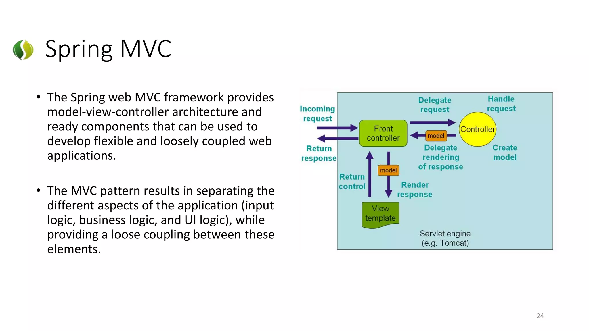 Spring MVC
• The Spring web MVC framework provides
model-view-controller architecture and
ready components that can be used to
develop flexible and loosely coupled web
applications.
• The MVC pattern results in separating the
different aspects of the application (input
logic, business logic, and UI logic), while
providing a loose coupling between these
elements.
24
 