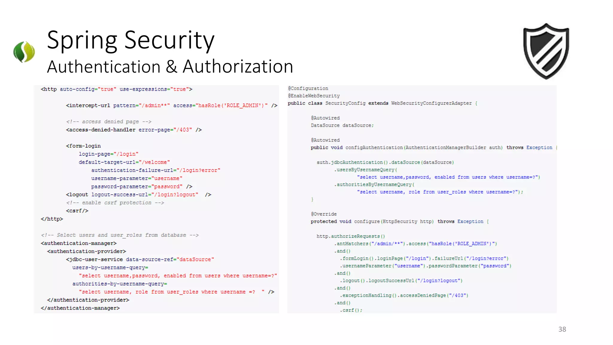 Spring Security
Authentication & Authorization
38
 