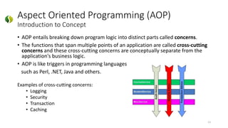 Aspect Oriented Programming (AOP)
Introduction to Concept
• AOP entails breaking down program logic into distinct parts called concerns.
• The functions that span multiple points of an application are called cross-cutting
concerns and these cross-cutting concerns are conceptually separate from the
application's business logic.
• AOP is like triggers in programming languages
such as Perl, .NET, Java and others.
Examples of cross-cutting concerns:
• Logging
• Security
• Transaction
• Caching
13
 