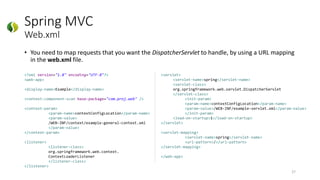 Spring MVC
Web.xml
• You need to map requests that you want the DispatcherServlet to handle, by using a URL mapping
in the web.xml file.
27
<?xml version="1.0" encoding="UTF-8"?>
<web-app>
<display-name>Example</display-name>
<context:component-scan base-package="com.proj.web" />
<context-param>
<param-name>contextConfigLocation</param-name>
<param-value>
/WEB-INF/context/example-general-context.xml
</param-value>
</context-param>
<listener>
<listener-class>
org.springframework.web.context.
ContextLoaderListener
</listener-class>
</listener>
<servlet>
<servlet-name>spring</servlet-name>
<servlet-class>
org.springframework.web.servlet.DispatcherServlet
</servlet-class>
<init-param>
<param-name>contextConfigLocation</param-name>
<param-value>/WEB-INF/example-servlet.xml</param-value>
</init-param>
<load-on-startup>1</load-on-startup>
</servlet>
<servlet-mapping>
<servlet-name>spring</servlet-name>
<url-pattern>/</url-pattern>
</servlet-mapping>
</web-app>
 