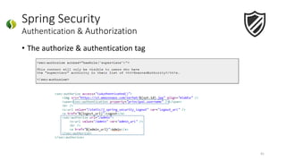 Spring Security
Authentication & Authorization
• The authorize & authentication tag
41
 
