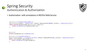 Spring Security
Authentication & Authorization
43
• Authorization with annotations in RESTful Web Service
 