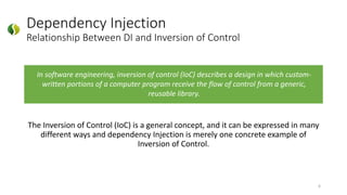 Dependency Injection
Relationship Between DI and Inversion of Control
The Inversion of Control (IoC) is a general concept, and it can be expressed in many
different ways and dependency Injection is merely one concrete example of
Inversion of Control.
6
In software engineering, inversion of control (IoC) describes a design in which custom-
written portions of a computer program receive the flow of control from a generic,
reusable library.
 