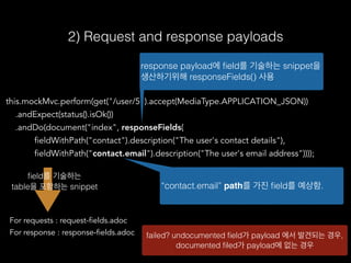 2) Request and response payloads
this.mockMvc.perform(get("/user/5").accept(MediaType.APPLICATION_JSON))
.andExpect(status().isOk())
.andDo(document("index", responseFields(
fieldWithPath("contact").description("The user's contact details"),
fieldWithPath("contact.email").description("The user's email address"))));
response payload에 ﬁeld를 기술하는 snippet을
생산하기위해 responseFields() 사용
For requests : request-fields.adoc
For response : response-fields.adoc
“contact.email” path를 가진 ﬁeld를 예상함.
ﬁeld를 기술하는
table을 포함하는 snippet
failed? undocumented ﬁeld가 payload 에서 발견되는 경우,
documented ﬁled가 payload에 없는 경우
 
