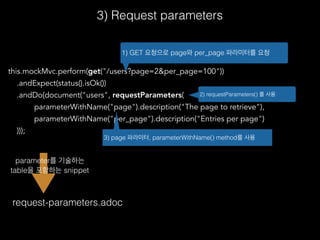 this.mockMvc.perform(get("/users?page=2&per_page=100"))
.andExpect(status().isOk())
.andDo(document("users", requestParameters(
parameterWithName("page").description("The page to retrieve"),
parameterWithName("per_page").description("Entries per page")
)));
1) GET 요청으로 page와 per_page 파라미터를 요청
request-parameters.adoc
3) Request parameters
2) requestParameters() 를 사용
3) page 파라미터, parameterWithName() method를 사용
parameter를 기술하는
table을 포함하는 snippet
 