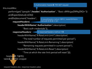 this.mockMvc
.perform(get("/people").header("Authorization", "Basic dXNlcjpzZWNyZXQ="))
.andExpect(status().isOk())
.andDo(document("headers",
requestHeaders(
headerWithName("Authorization").description(
"Basic auth credentials")),
responseHeaders(
headerWithName("X-RateLimit-Limit").description(
"The total number of requests permitted per period"),
headerWithName("X-RateLimit-Remaining").description(
"Remaining requests permitted in current period"),
headerWithName("X-RateLimit-Reset").description(
"Time at which the rate limit period will reset"))));
1) Authorization header를 가진 GET request
request-headers.doc, response-headers.adoc
2) requestHeaders method 사용하고, headerWithName
method로 문서화 할 수 있다.
3) responseHeaders method 사용
headers를 기술하는
table을 포함하는 snippet
 
