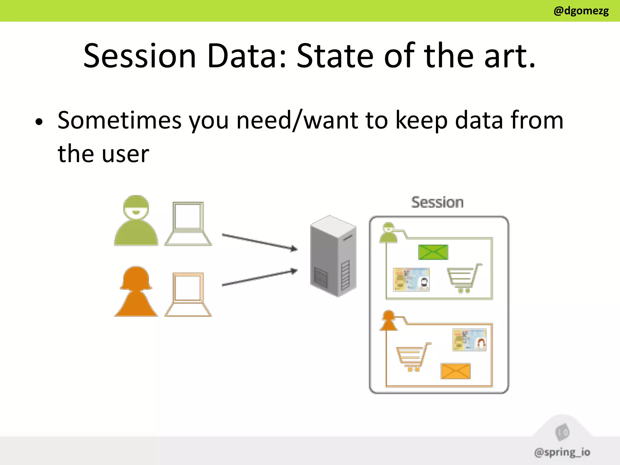 @dgomezg
Session  Data:  State  of  the  art.
• Sometimes  you  need/want  to  keep  data  from  
the  user
 