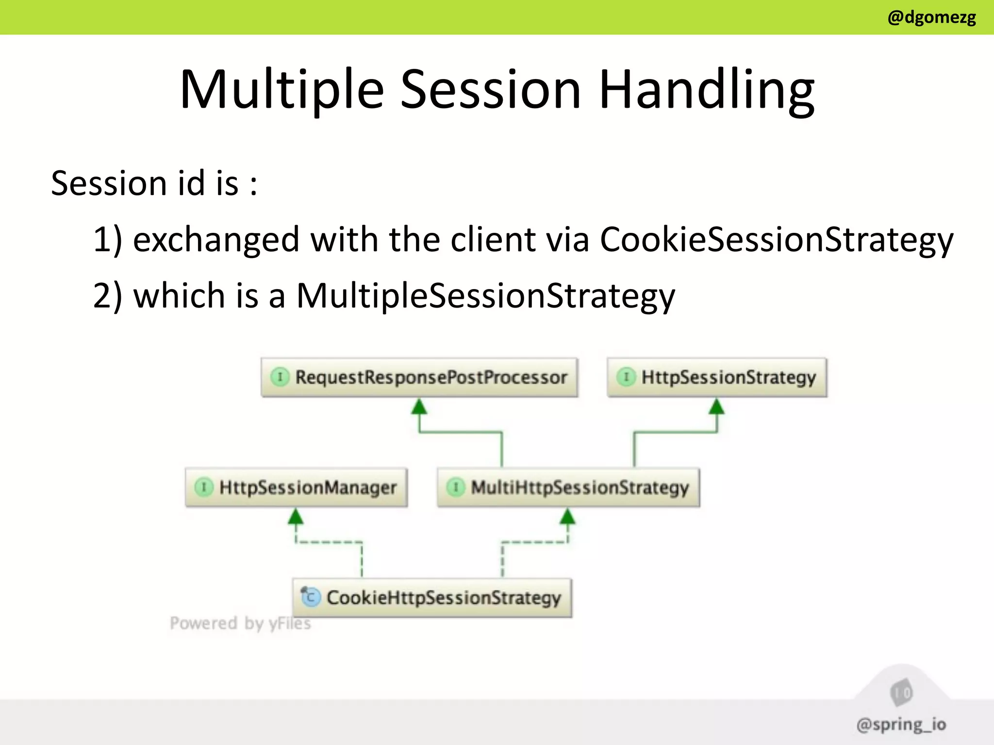 @dgomezg
Multiple  Session  Handling
Session  id  is  :  
1)  exchanged  with  the  client  via  CookieSessionStrategy  
2)  which  is  a  MultipleSessionStrategy
 