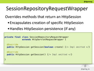 @dgomezg
SessionRepositoryRequestWrapper
Overrides  methods  that  return  an  HttpSession  
•Encapsulates  creation  of  specific  HttpSession  
•Handles  HttpSession  persistence  (if  any)
private final class SessionRepositoryRequestWrapper
extends HttpServletRequestWrapper {
@Override 
public HttpSession getSession(boolean create) {/* Impl omitted */} 
 
@Override 
public HttpSession getSession() {/* Impl omitted */} 
}
 