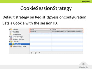 @dgomezg
CookieSessionStrategy
Default  strategy  on  RedisHttpSessionConfiguration  
Sets  a  Cookie  with  the  session  ID.
 