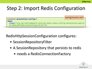 @dgomezg
Step  2:  Import  Redis  Configuration
<context:annotation-config/> 
<bean
class="org.springframework.session.dat...