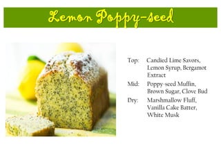 Lemon Poppy-seed
Top: Candied Lime Savors,
Lemon Syrup, Bergamot
Extract
Mid: Poppy-seed Muffin,
Brown Sugar, Clove Bud
Dry: Marshmallow Fluff,
Vanilla Cake Batter,
White Musk
 