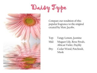 Daisy Type
Top: Tangy Lemon, Jasmine
Mid: Muguet Lily, Rose Petals,
African Violet, Daylily
Dry: Cedar Wood, Patchouli,
Musk
Compare our rendition of this
popular fragrance to the original
created by Marc Jacobs.
 
