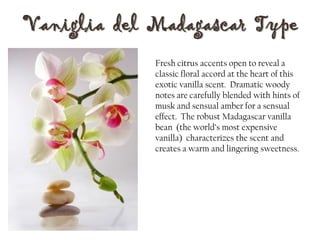 Vaniglia del Madagascar Type
Fresh citrus accents open to reveal a
classic floral accord at the heart of this
exotic vanilla scent. Dramatic woody
notes are carefully blended with hints of
musk and sensual amber for a sensual
effect. The robust Madagascar vanilla
bean (the world’s most expensive
vanilla) characterizes the scent and
creates a warm and lingering sweetness.
 