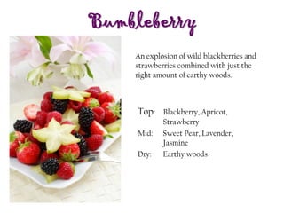Bumbleberry
Top: Blackberry, Apricot,
Strawberry
Mid: Sweet Pear, Lavender,
Jasmine
Dry: Earthy woods
An explosion of wild blackberries and
strawberries combined with just the
right amount of earthy woods.
 