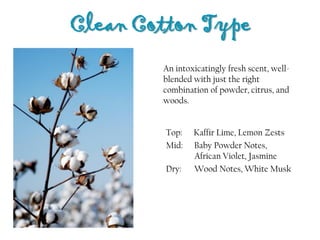 Clean Cotton Type
Top: Kaffir Lime, Lemon Zests
Mid: Baby Powder Notes,
African Violet, Jasmine
Dry: Wood Notes, White Musk
An intoxicatingly fresh scent, well-
blended with just the right
combination of powder, citrus, and
woods.
 