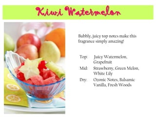 Kiwi Watermelon
Top: Juicy Watermelon,
Grapefruit
Mid: Strawberry, Green Melon,
White Lily
Dry: Ozonic Notes, Balsamic
Vanilla, Fresh Woods
Bubbly, juicy top notes make this
fragrance simply amazing!
 