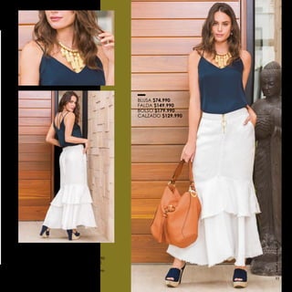 BLUSA $74.990
FALDA $149.990
BOLSO $179.990
CALZADO $129.990
Ref. 354548 Blusa en chiffón Sateen
Color: azul navy Tallas: XS-S-M-L-XL $74.990
Ref. 394705 Falda en lino (Incluye forro)
Color: natural Tallas: 8-10-12 $149.990
Ref. 3147041 Bolso Color: miel Alto: 34 cms-
Ancho: 42 cms-Fuelle 8 cms $179.990
Ref. 304712 Calzado Color: azul navy
Tallas: 35 a 40 tacón: 12 cms $129.990
www.ebba.com.co
33
 