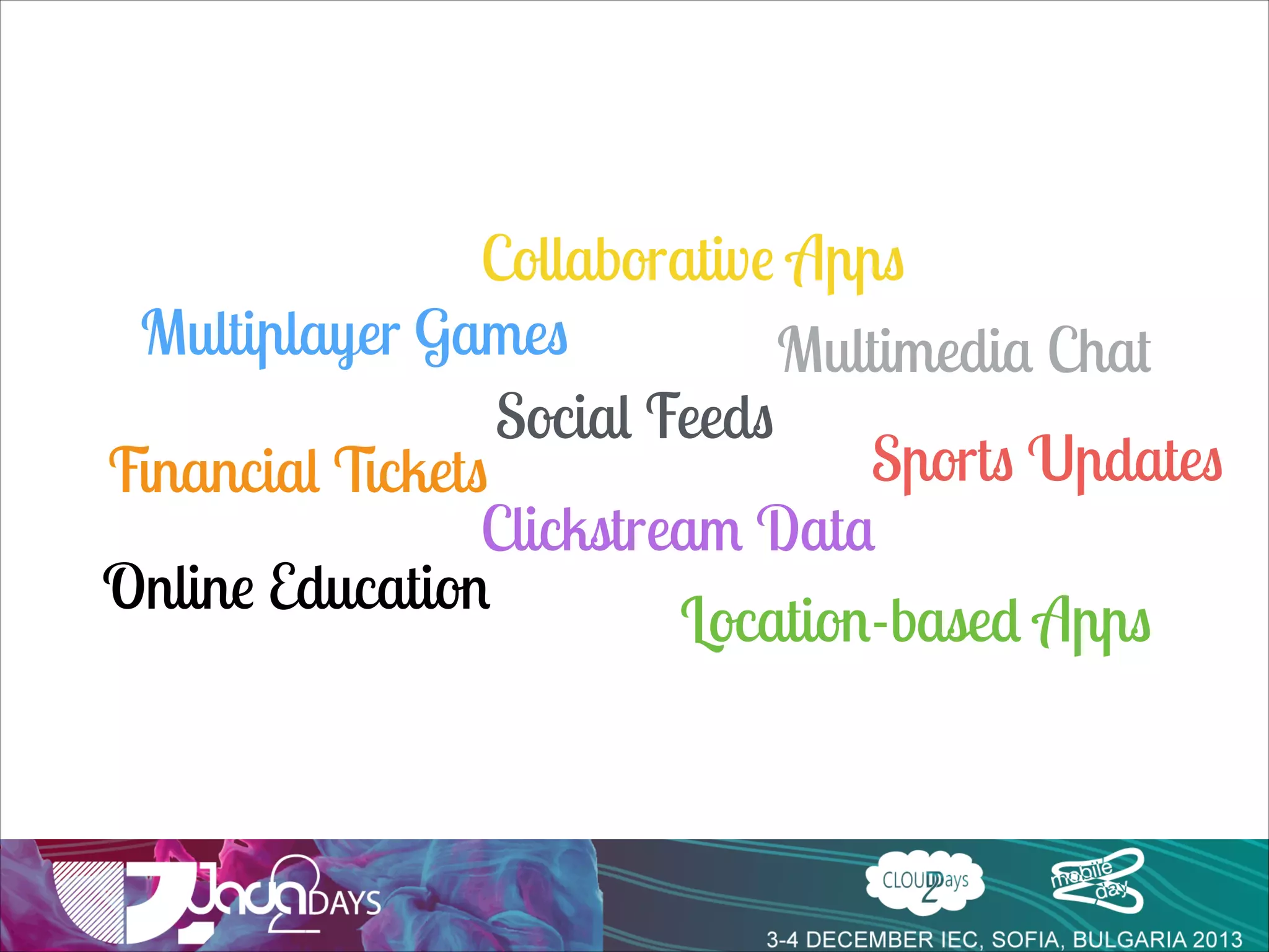 Collaborative Apps
Multiplayer Games
Multimedia Chat
Social Feeds
Sports Updates
Financial Tickets
Clickstream Data
Online Education
Location-based Apps

 