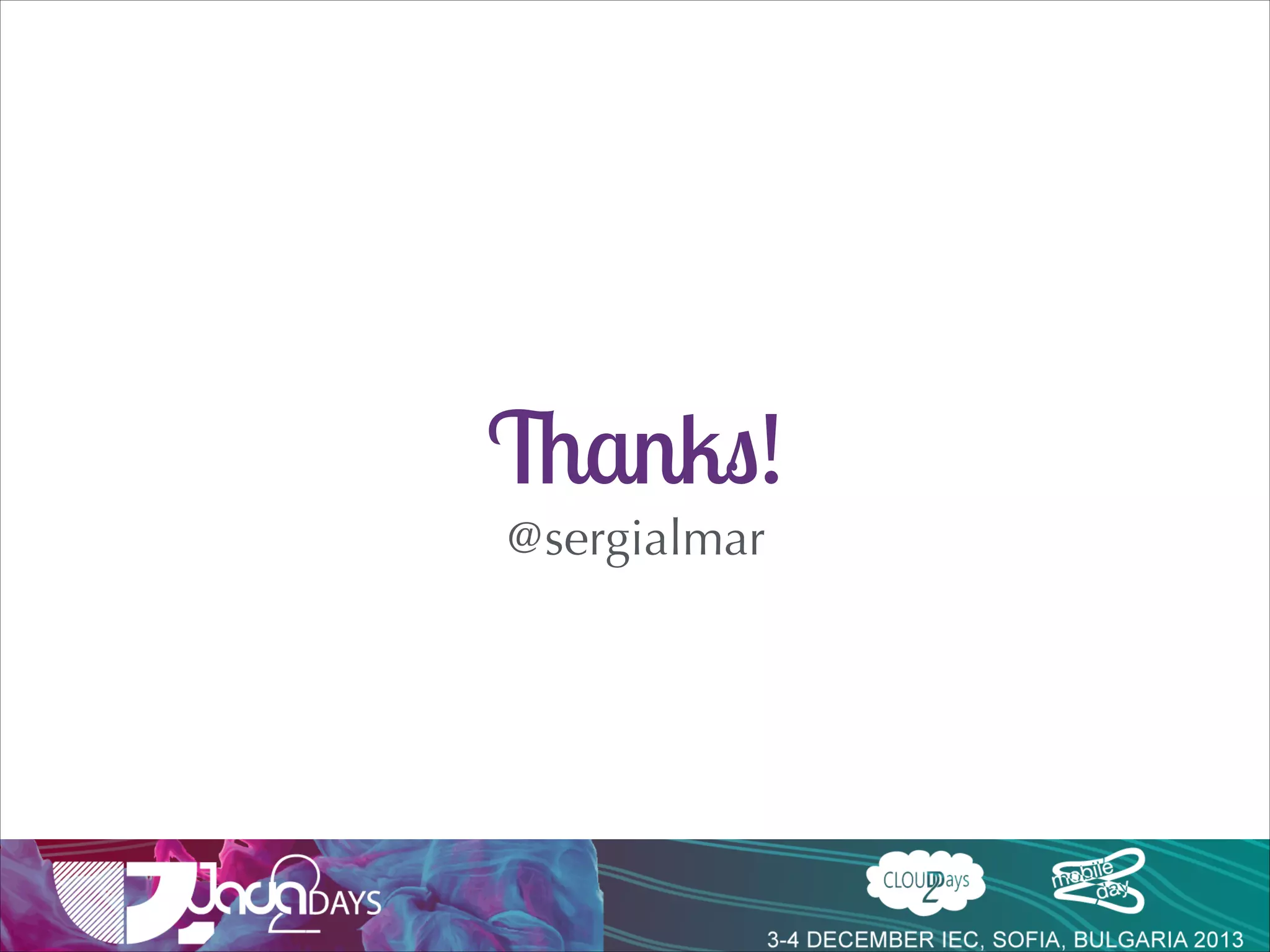 Message Broker Conﬁg
@Configuration!
@EnableWebSocketMessageBroker!
public class Config implements WebSocketMessageBrokerConfigurer{!
!
@Override!
public void configureMessageBroker(MessageBrokerConfigurer c){!
c.enableStompBrokerRelay("/queue/", "/topic/");!
c.setApplicationDestinationPrefixes("/app");!
}!
}

 