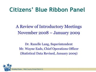 Citizens’ Blue Ribbon Panel A Review of Introductory Meetings November 2008 – January 2009 Dr. Ranelle Lang, Superintendent Mr. Wayne Eads, Chief Operations Officer (Statistical Data Revised, January 2009) 