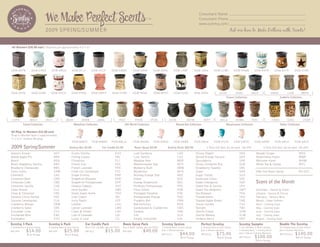 We Make Perfect Scents                                                                                                                      Consultant Name
                                                                                                                                                                            Consultant Phone
                  ®

                                                                                                                                                                            www.scentsy.com/
                                2009 SPRING/SUMMER                                                                                                                                                      Ask me how to Make Dollars with Scents!


 All Warmers $30.00 each / Warmers are approximately 4.5”x 6”




DSW-BSTN              DSW-CHER      DSW-DBUD            DSW-DFLY          DSW-ECLP         DSW-EMBE            DSW-GRAP         DSW-KOKO           DSW-LABY               DSW-LODG       DSW-LUMI            DSW-PEMB         DSW-RETR           DSW-RSTR            DSW-STAR




DSW-SSTN              DSW-SEND      DSW-SHCH            DSW-STAM          DSW-SWHT          DSW-SYMP           DSW-TREA         DSW-WEST           DSW-YUKO               DSW-ZENS            -SCHO       -SCRE           -SBLK             -ANGO           -LISB        -MERI
                                                                                                                                                                                                   Classic Collection                                  Isabella Collection




-CYPR            -MALT          -RIVI             -BBAY           -BORN       -JAKA              -PATI         -PPEN          -PTIN           -DOTB            -DOTM           -DOTT          -MILA          -ROMA        -TORI                -CHEE         -GIRA           -ZEBR
            Island Collection                             Medallion Collection                         Old World Collection                          Raised Dot Collection                           Renaissance Collection                            Safari Collection

All Plug - In Warmers $15.00 each
Plug-In Warmer base is approximately
3” x 3.5” without the plug.
                                                        PSW-WWTE          PSW-WBRN         PSW-WBLK            PSW-WGRN         PSW-DWTE           PSW-DBRN               PSW-DBLK       PSW-DTUR            PSW-GWTE         PSW-GBRN           PSW-GBLK            PSW-GRUS

2009 Spring/Summer                                    Scentsy Bar $5.00            Car Candle $3.00             Room Spray $8.00             Scentsy Brick $20.00                 3 Pack Gift Box: $1.50 each SB-3PK                  6 Pack Gift Box: $2.00 each SB-6PK

Autumn Sunset                           AUT             Exotic Vanilla                        EXV              Lush Gardenia                          LGD                 Skinny Dippin’                       SKD             Wasabi Ginger                             WSG
Baked Apple Pie                         BAP             Falling Leaves                        FAL              Luxe Vanilla                           LUX                 Spiced Orange Harvest                SOH             Watermelon Patch                          WMP
Beach                                   BEA             Flirtatious                           FLI              Meadow Pear                            MDP                 Spruceberry                          SPR             Welcome Home                              WHM
Black Raspberry Vanilla                 BRV             French Kiss                           FKS              Mediterranean Spa                      MTS                 Sticky Cinnamon Bun                  SCB             White Tea & Cactus                        WTC
Blueberry Cheesecake                    BBC             French Lavender                       FRE              Mulberry Bush                          MBB                 Strawberry Sweetie                   SBS
Camu Camu                               CAM             Fresh Cut Cantaloupe                  FCC              Mysterious                             MYS                 Sugar                                SGR             Odor Out Room Spray                       RS-OUT
Cashmere                                CAS             Grape Granita                         GRP              Nutmeg Orange Zest                     NOZ                 Sugar Cookie                         SUG
Cinnamon Bear                           CBR             Grapefruit Blossom                    GFB              Ocean                                  OCE                 Sunkissed Citrus                     SKC
                                                                                                                                                                                                                               Scent of the Month
Cinnamon Cider                          CMC             Grapefruit Pomegranate                GFP              Orange Dreamsicle                      ODS                 Sweet Indulgence                     SWI
Cinnamon Vanilla                        CVA             Havana Cabana                         HVC              Perfectly Pomegranate                  PPG                 Sweet Pea & Vanilla                  SPV
Clean Breeze                            CLE             Herb Garden                           HBG              Pima Cotton                            PIM                 Sweet Tea Magnolia                   SWT             December - Hearth & Home
Clove & Cinnamon                        CNC             Home Sweet Home                       HSH              Pineapple Paradise                     PIN                 Tea Blossom                          TEA             January - Spruce & Citruss
Coconut Citrus Parfait                  COC             Irish Cream                           IRC              Pomegranate Orange                     PGO                 Thunderstorm                         THU             February - Tarocco Mint
Coconut Lemongrass                      CLG             Juicy Peach                           JCP              Pumpkin Roll                           PMK                 Toasted Apple Butter                 TAB             March - Sheer Saffron
Cranberry Mango                         CBM             Leather                               LEA              Red Delicious                          RED                 Tuscan Garden                        TUS             April - Coming Soon
Cranberry Spice                         CBS             Lemon Lavender                        LMV              Sandalwood & Cranberries               SWC                 Twilight                             TWI             May - Coming Soon
Cucumber Lime                           CUC             Lilacs & Violets                      LAV              Sangria                                SNG                 Vanilla Cream                        VCM             June - Coming Soon
Enchanted Mist                          ENC             Lots of Lavender                      LOL              Silk                                   SLK                 Vanilla Walnut                       VLW             July - Coming Soon
Eucalyptus                              EUC             Lucky in Love                         LIL              Simply Irresistible                    SIR                 Verbena Berry                        VBY             August - Coming Soon
Scentsy 3 Pack                    Scentsy 6 Pack                    Car Candle Pack                   Room Spray Pack                                                                                                                                  Double The Scentsy
                                                                                                                                        Scentsy System                       Perfect Scentsy                   Scentsy Sampler
3 Scentsy Bars of your choice     6 Scentsy Bars of your choice     Buy 5 Car Candles, get one FREE   Buy 5 Room Sprays, get one FREE                                                                                                                  24 Scentsy bars of your choice
                                                                                                                                        3 Scentsy Bars of your choice        6 Scentsy Bars of your choice     3 Car Candles, 2 Room Sprays,
              $14.00                            $25.00                                $15.00                           $40.00                                                                                                                          plus 2 Deluxe Warmers
                                                                                                                                        plus 1 Deluxe warmer                 plus 2 Deluxe warmers             3 Scentsy Bars, 1 Scentsy Brick
MP-3PK                            MP-6PK                            MP-6CC                            MP-6RS
                                                                                                                                                                                                                                                                      $140.00
                                                                                                                                                         $44.00                            $75.00              plus 2 Deluxe Scentsy Warmers           MP-DTS224
                                                                                                                                        MP-SS13                              MP-PS26
               $1.00 Savings                     $5.00 Savings
                                                                                                                                                                                                                              $100.00
                                                                                                                                                                                                               MP-SS312                                               $40.00 Savings
                                                                                                                                                          $1.00 Savings                     $15.00 Savings
                                                                                                                                                                                                                              $20.00 Savings
 