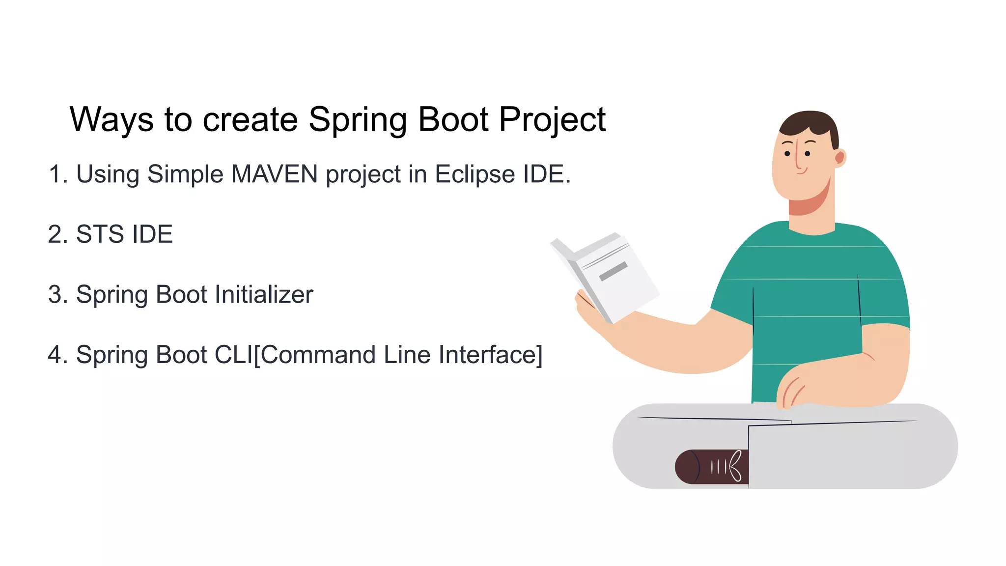 Ways to create Spring Boot Project
1. Using Simple MAVEN project in Eclipse IDE.
2. STS IDE
3. Spring Boot Initializer
4. Spring Boot CLI[Command Line Interface]
 