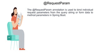 @RequestParam
The @RequestParam annotation is used to bind individual
request parameters from the query string or form data to
method parameters in Spring Boot.
 