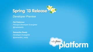 Spring‘13 Release
Developer Preview
Pat Patterson
Principal Developer Evangelist
@metadaddy

Samantha Ready
Developer Evan...