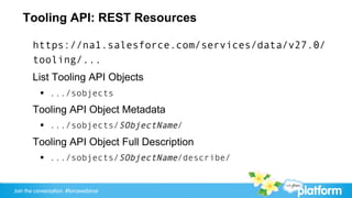 Tooling API: REST Resources

       https://na1.salesforce.com/services/data/v27.0/
       tooling/...
       List Tooling API Objects
           §  .../sobjects
       Tooling API Object Metadata
           §  .../sobjects/SObjectName/
       Tooling API Object Full Description
           §  .../sobjects/SObjectName/describe/


Join the conversation: #forcewebinar
 
