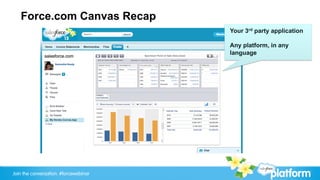 Force.com Canvas Recap
                                       Your 3rd party application

                                       Any platform, in any
                                       language




Join the conversation: #forcewebinar
 