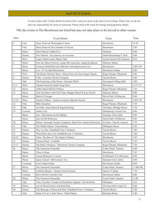 April 2013 Events

                 Events in date order. Contact details for most of the venues are given at the end of event listings. Please note, we do not
                 take any responsibility for errors or omissions. Please check with venue for timings and programme details.

     NB, the events at The Brewhouse are listed but may not take place or be moved to other venues

Date                                        Event Details                                             Venue                         Time
2        Film            Harry Potter  Pholosopher’s Stone                                        Brewhouse                       10.30
         Film            Harry Potter  The Chamber of Secrets                                     Brewhouse                       2.00
5        Music           Dave Martin’s Jabbo Five                                                  Ilminster                       8.00
         Drama           Two Nations - the journeys of everyman                                    Hatch Beauchamp V. Hall         8.00
         Music           Logic: Irish/Country Music Club                                           Lawns Social Club, Taunton      8.30
6        Music           One day Music Festival: young folk musicians, singers  dancers           Halsway Manor
         Show            Guinness World Records Officially Amazing Science Live                    Brewhsouse                      2.00/7.00
         Music           Live ‘N’ Up April Brewhouse                                               Brewhouse Studio                8.00
7        Music           The Rocky Monster Show - Hocus Pocus  Oasis Regal Theatre                Regal Theatre, Minehead         8.00
8        Drama           Cube - Essential Theatre Company                                          Tacchi-Morris                   9.00
         Talk            The Great Age of the Poster - Neroche DFAS                                Seavington Village Hall         7.00
9-13     Show            Taunton Scout  Guide Gang Show                                           Brewhouse                       2.15/7.15
12       Music           Abba2:Bjorn Belief (Tribute)                                              Regal Theatre, Minehead         7.30
13       Music           Irish Set Dance with Ceili Time, Maggie Daniel  Lucy Taylor              Halsway Manor                   8.00
         Music           Birds of Chicago                                                          David Hall, S Petherton         8.00
15-20    Show            Sound of Music - Taunton Amateur Operatic Society                         Brewhouse                       2.00/7.30
16       Film            Mlle Chambon                                                              Regal Theatre, Minehead         7.30
18       Talk            Art Talk: Jenni Dutton  Ingrid Hesling                                   The Barn, Obridge House         7.30
19       Comedy          Jimmy Carr                                                                Wellsprings Leisure Ctre        8.00
         Music           Jazz: Allen barnes  Jim Mullen                                           Ilminster Arts Centre           8.00
         Music           Just An Old Warhouse                                                      David Hall, S Petherton         8.00
20       Music           Britten: Serenade, Simple Symphony. Bach Viol. Sonata-Sinfonietta         St James’ Church, Taunton       7.30
21       Talk            The Soldier Queen: Tessa Dunlop                                           Dillington House                2.30
22       Drama           Play in a Day: Heathfield Year 9 Students                                 Tacchi-Morris                   7.00
23       Drama           Three Hots and a Cot: heathfield year 11 Students                         Tacchi-Morris                   7.00
24-25    Music           Talon: The Best of The Eagles (Tribute)                                   Brewhouse                       7.45
25       Drama           Chelsea Hotel - Earthfall                                                 Tacchi-Morris                   7.30
25-27    Drama           The Rake’s Progress - Waterfront Thearte Company                          Regal Theatre, Minehead         7.30
26       Music           The Aronowitz Ensemble                                                    Castle Hotel, Taunton           6.00
         Dance           There is Hope                                                             Brewhouse                       7.45
         Music           Young Musician’s Concert                                                  St Michael’s Ch, Milverton      8.00
         Music           Ianus Consort: 18th Century Trio                                          Ilminster Arts Cemtre           8.00
         Coomedy         Free Fringe Fridays                                                       Brewhouse Studio                8.00
27       Music           The Aronowitz Ensemble                                                    Castle Hotel, Taunton           11.00/6.00
         Music           Carmina Burana - Taunton Choral Society                                   Queen’s College                 7.30
         Comedy          Brew Ha Ha! Comedy Club                                                   Brewhouse Studio                8.00
28       Music           The Aronowitz Ensemble                                                    Castle Hotel, Taunton           11.00
         Talk            Time Traveller’s Guide to Elizabethan England - Ian Mortimer              Dillington                      2.30
29       Music           Issy  David Emeny with Kate Riaz                                         Wiveliscombe Congr Ch           8.00
30       Drama           The Marriage of Heaven  Hell: Heathfield Year 11 Students                Tacchi-Morris                   7.00
         Talk            Made To Last: Clerks Shoes - Mark Palmer                                  Brendon Books                   7.00

                                                                                                                                           27
 