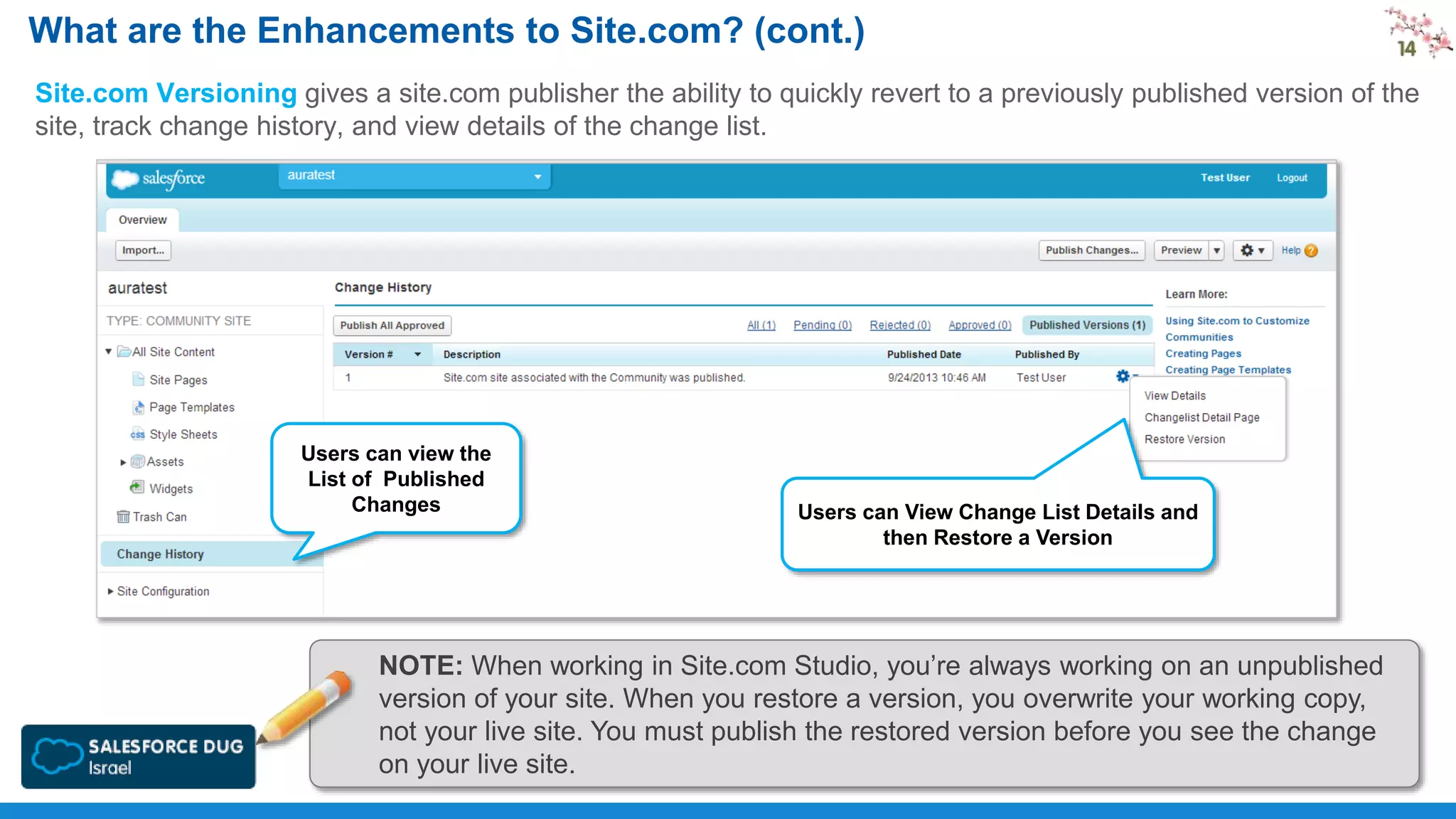 What are the Enhancements to Site.com? (cont.)
Site.com Versioning gives a site.com publisher the ability to quickly revert to a previously published version of the
site, track change history, and view details of the change list.

Users can view the
List of Published
Changes

Users can View Change List Details and
then Restore a Version

NOTE: When working in Site.com Studio, you’re always working on an unpublished
version of your site. When you restore a version, you overwrite your working copy,
not your live site. You must publish the restored version before you see the change
on your live site.

 