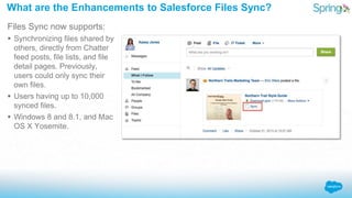 Files Sync now supports:
 Synchronizing files shared by
others, directly from Chatter
feed posts, file lists, and file
de...