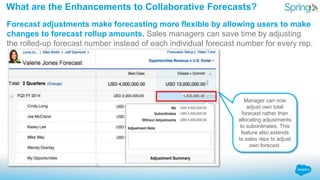 Forecast adjustments make forecasting more flexible by allowing users to make
changes to forecast rollup amounts. Sales ma...