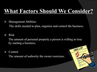 What Factors Should We Consider?
 Management Abilities
The skills needed to plan, organize and control the business.
 Risk
The amount of personal property a person is willing to lose
by starting a business.
 Control
The amount of authority the owner exercises.
 