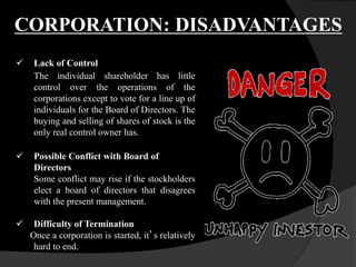  Lack of Control
The individual shareholder has little
control over the operations of the
corporations except to vote for a line up of
individuals for the Board of Directors. The
buying and selling of shares of stock is the
only real control owner has.
 Possible Conflict with Board of
Directors
Some conflict may rise if the stockholders
elect a board of directors that disagrees
with the present management.
 Difficulty of Termination
Once a corporation is started, it’s relatively
hard to end.
CORPORATION: DISADVANTAGES
 