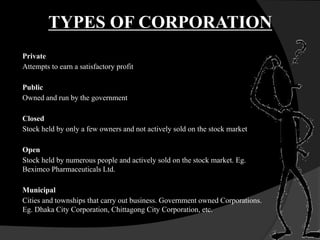 Private
Attempts to earn a satisfactory profit
Public
Owned and run by the government
Closed
Stock held by only a few owners and not actively sold on the stock market
Open
Stock held by numerous people and actively sold on the stock market. Eg.
Beximco Pharmaceuticals Ltd.
Municipal
Cities and townships that carry out business. Government owned Corporations.
Eg. Dhaka City Corporation, Chittagong City Corporation, etc.
TYPES OF CORPORATION
 