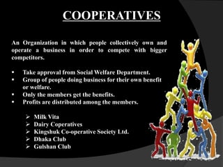 An Organization in which people collectively own and
operate a business in order to compete with bigger
competitors.
 Take approval from Social Welfare Department.
 Group of people doing business for their own benefit
or welfare.
 Only the members get the benefits.
 Profits are distributed among the members.
 Milk Vita
 Dairy Coperatives
 Kingshuk Co-operative Society Ltd.
 Dhaka Club
 Gulshan Club
COOPERATIVES
 