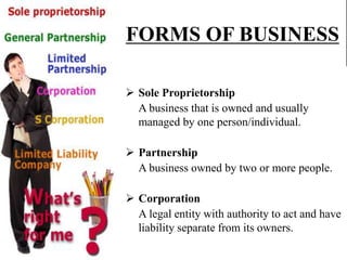  Sole Proprietorship
A business that is owned and usually
managed by one person/individual.
 Partnership
A business owned by two or more people.
 Corporation
A legal entity with authority to act and have
liability separate from its owners.
FORMS OF BUSINESS
 
