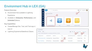 Environment Hub in LEX (GA)
Feature Overview
●  Environment Hub available in Lightning
Experience
●  Available in: Enterprise, Performance, and
Unlimited Editions
Key Capabilities
●  Create/Manage Dev, Test, and Trial orgs in
new UI
●  Lightning Experience/Salesforce Classic.
 
