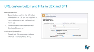 URL custom button and links in LEX and SF1
Feature Overview
•  Custom buttons and links that define their
content source as URL are now supported in
Lightning Experience and the Salesforce1
mobile app.
•  This feature was previously available in
Salesforce Classic only.
Value/Relevance to ISVs
•  This will help ISV apps containing these
buttons to become Lightning Ready.
 