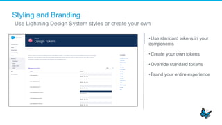 Styling and Branding
Use Lightning Design System styles or create your own
• Use standard tokens in your
components
• Create your own tokens
• Override standard tokens
• Brand your entire experience
 