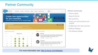 Partner Community
Partner Community
•  Partner Alerts
•  News & Events
•  Ask questions
•  Share your best practices and
insights
•  Collaborate with other partners
•  Webinar Replays
•  Pre-Release Details
For more information see: http://p.force.com/releases
 